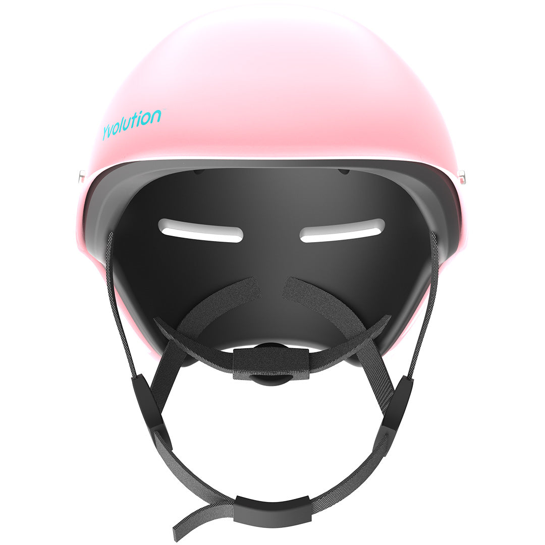 Yvolution roze kinderhelm, recht van voren gefotografeerd.