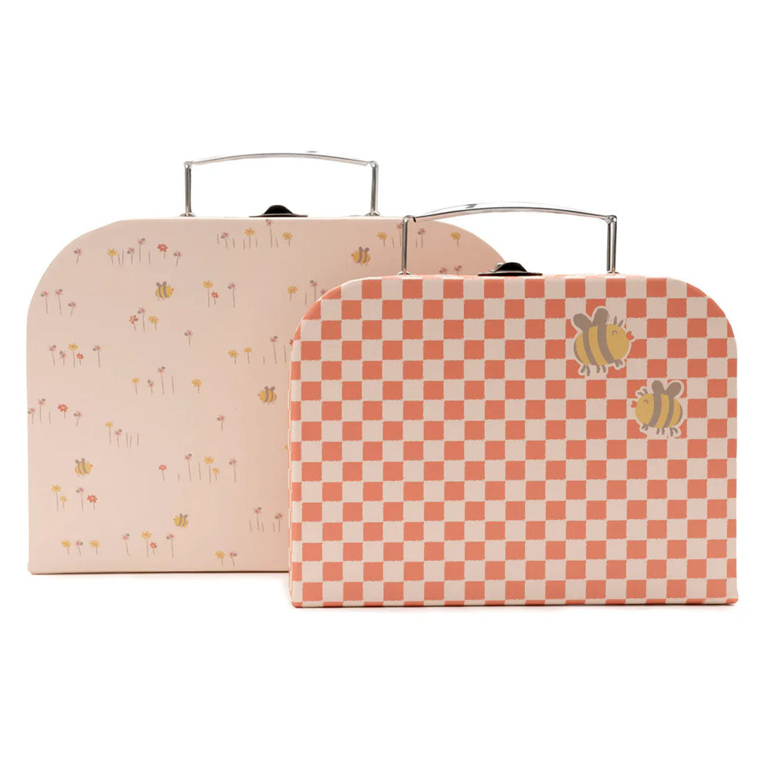Jollein kofferset met twee kinderkoffers, één geruit en één met bloemen en bijen.