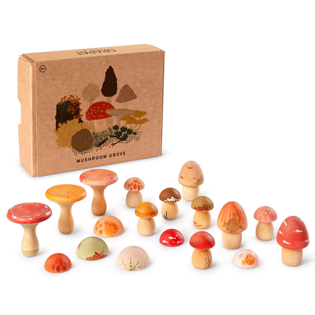 Grapat houten paddenstoelen speelgoedset met 18 stuks en de bijbehorende kartonnen verpakking.