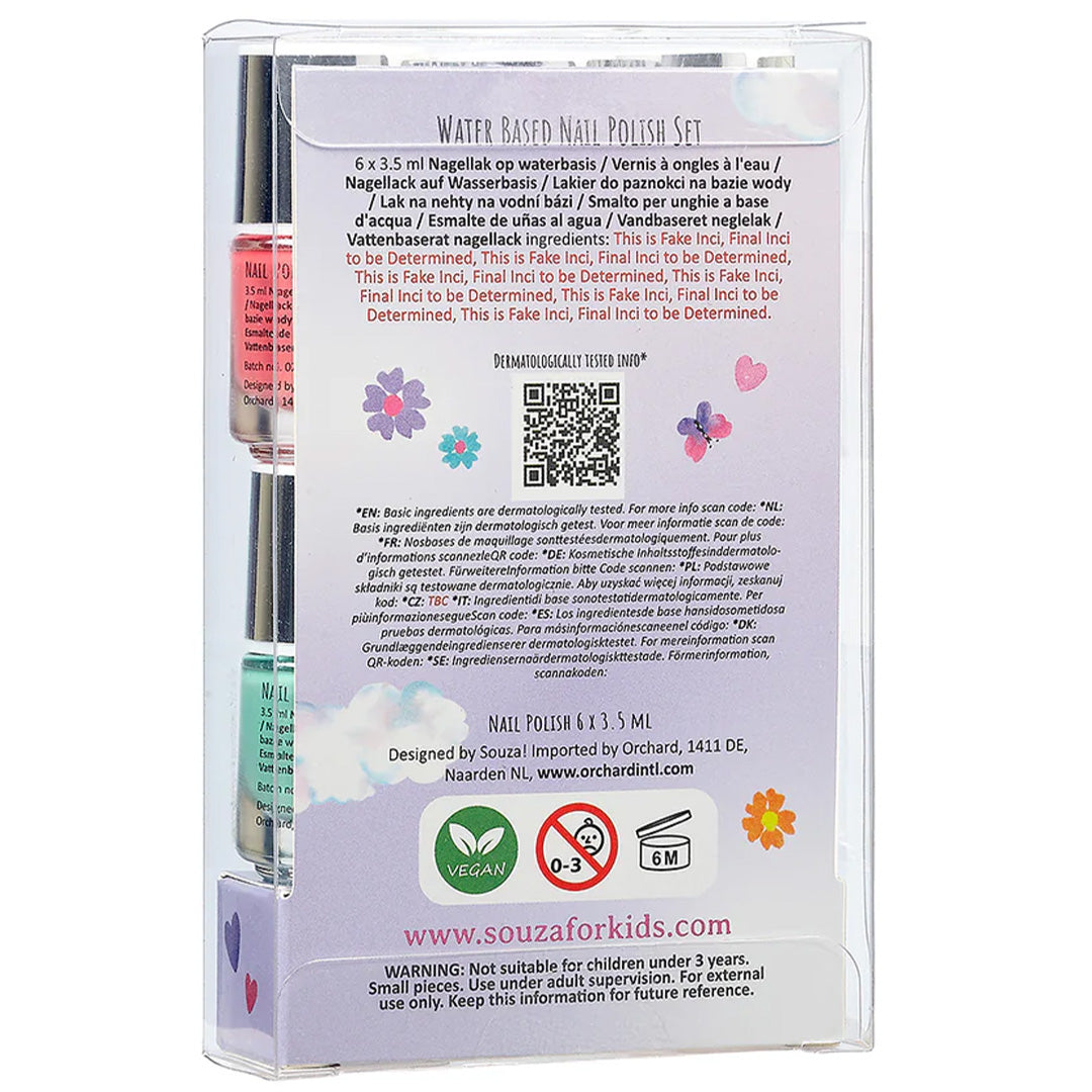 Achterkant van de Souza water-based nagellak set verpakking met productinformatie en certificeringen.