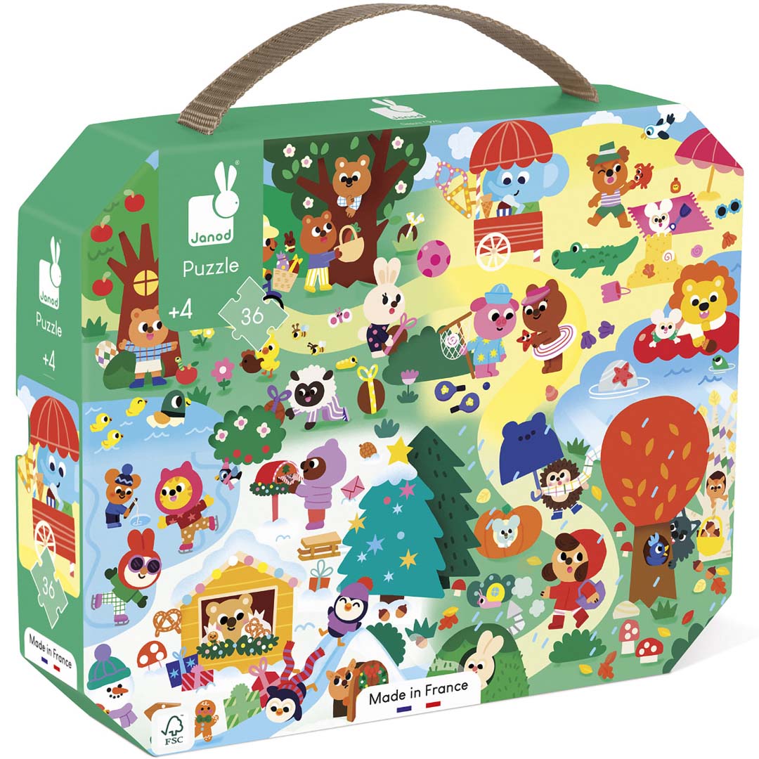 Janod puzzel 4 seizoenen verpakking met een kleurrijke illustratie van dieren en landschappen.