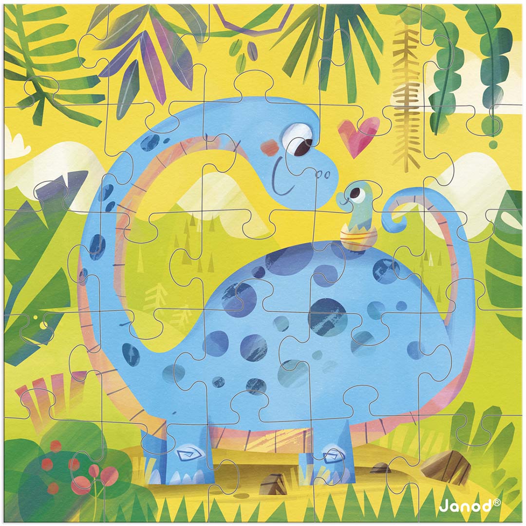 Janod puzzel van een blauwe moederdinosaurus met baby in een jungle-landschap.
