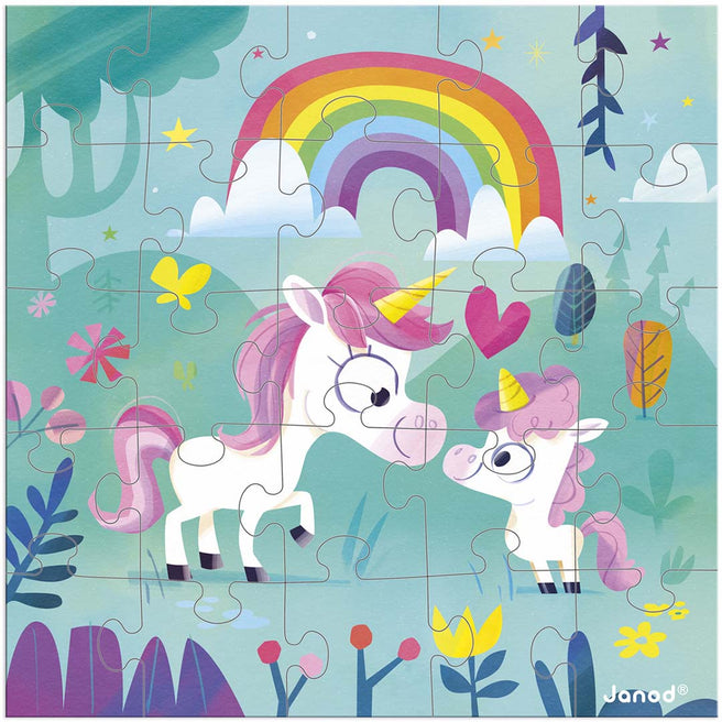 Janod legpuzzel van een moeder eenhoorn en haar kind onder een regenboog.