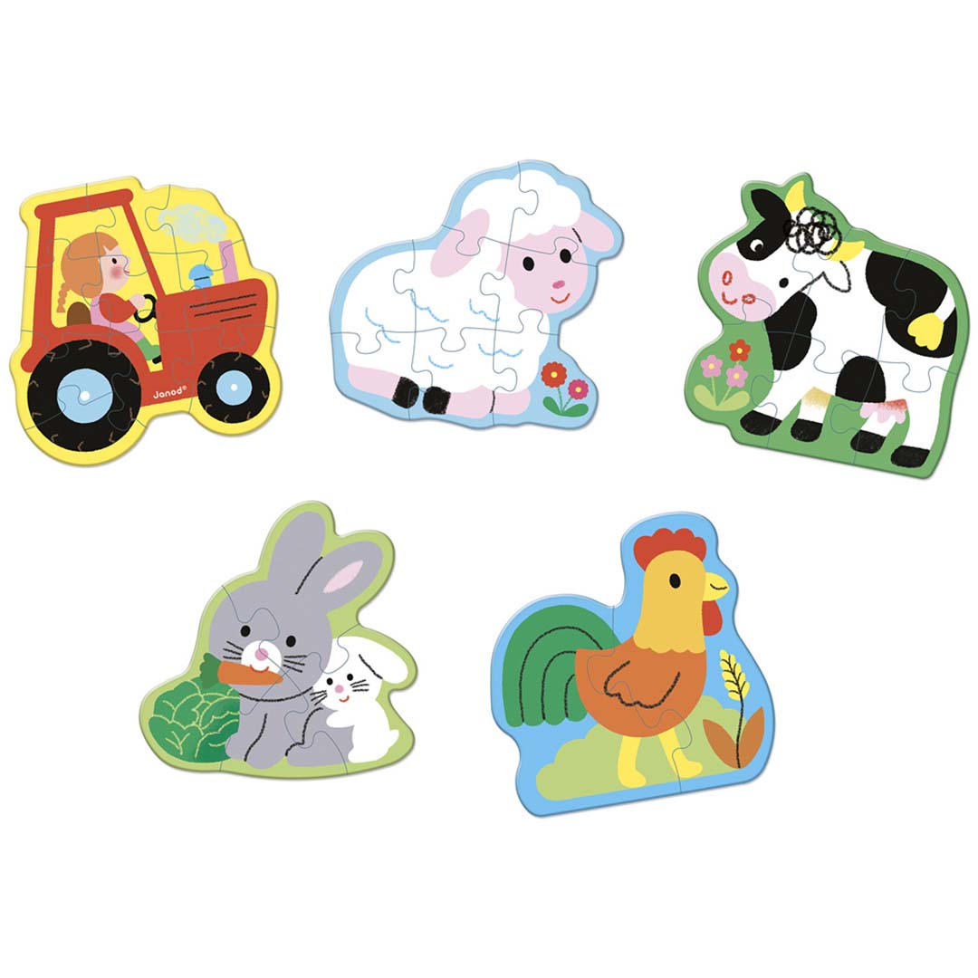 Alle vijf Janod boerderij legpuzzels voor peuters, met een tractor, schaap, koe, konijnen en haan, los op een witte achtergrond.