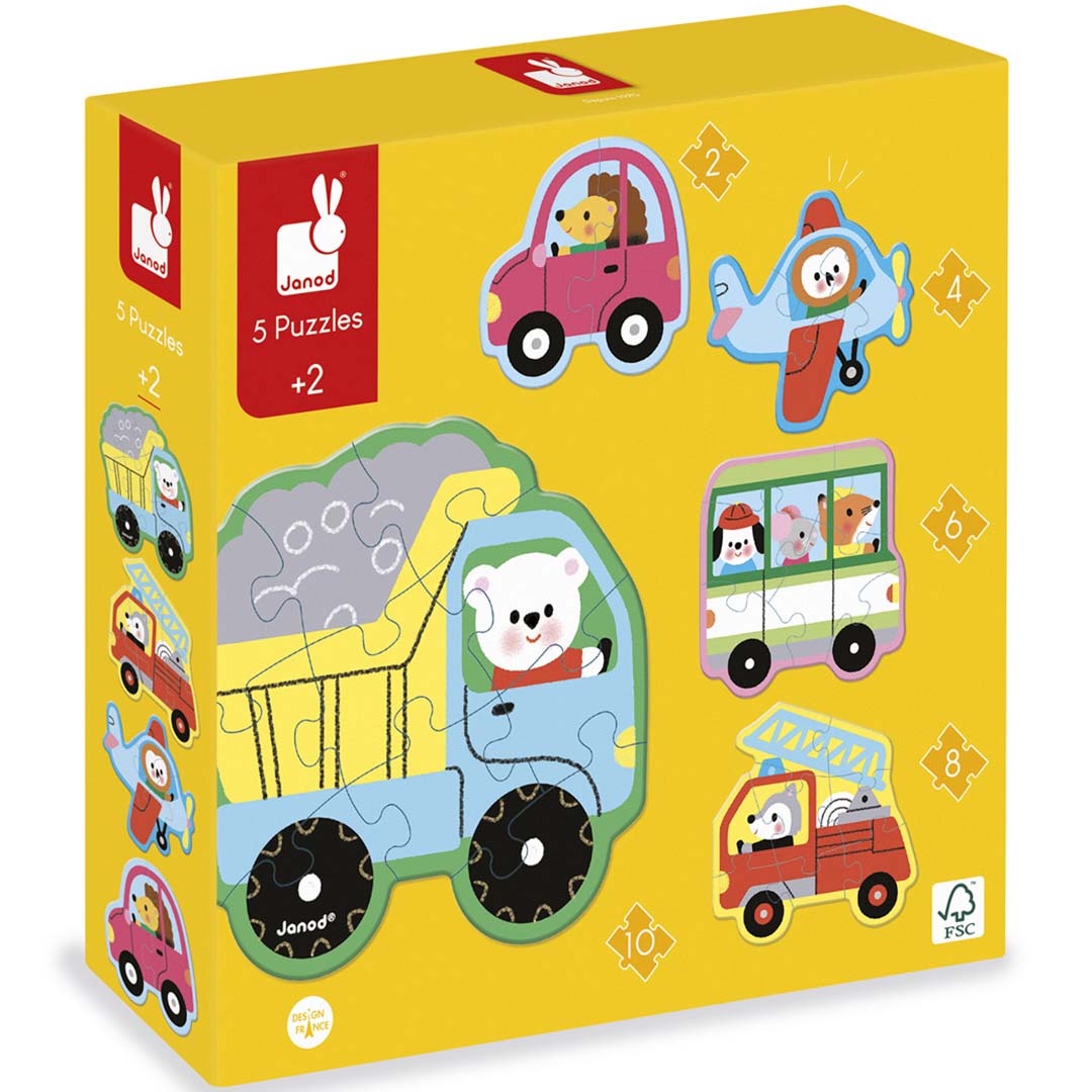 Janod puzzelverpakking met afbeeldingen van vijf voertuigpuzzels met dieren.