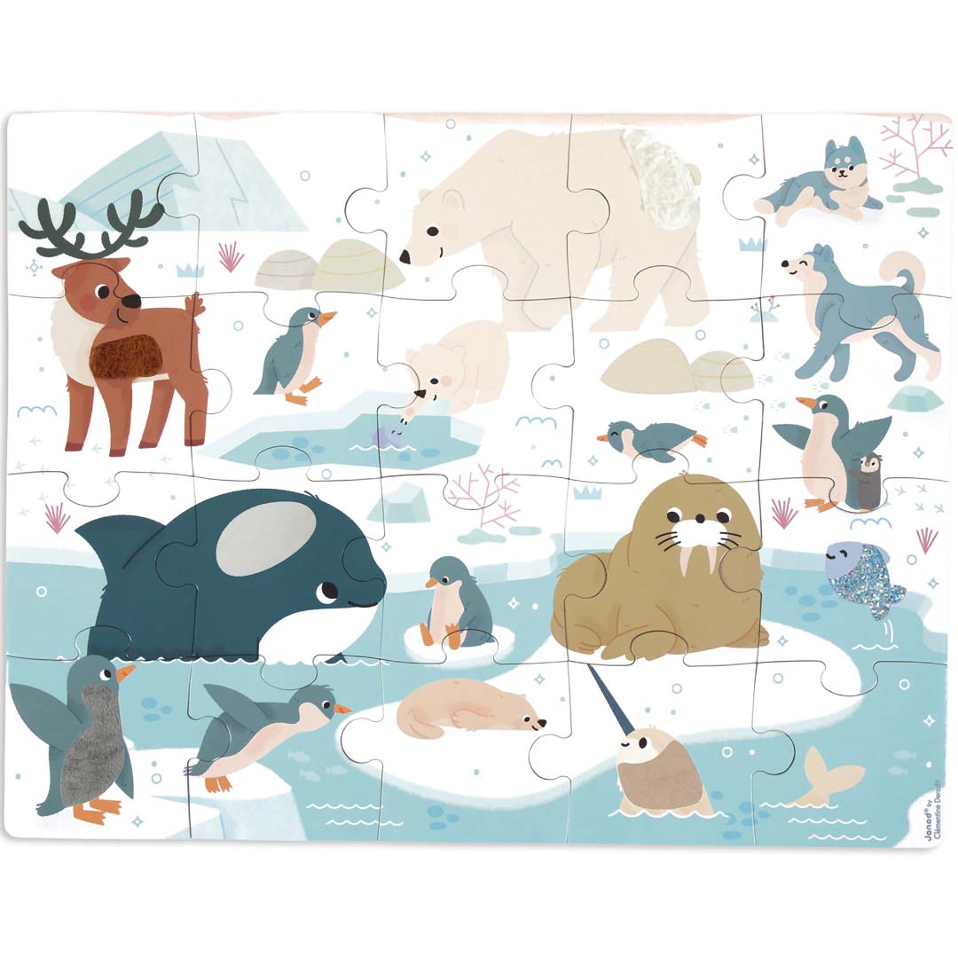 De complete Janod tactiele puzzel met 20 stukjes, waarop een Noordpool landschap met diverse dieren te zien is.