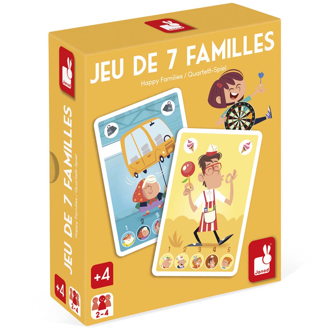 Janod kwartet familie kaartspel verpakking met illustraties van speelkaarten.