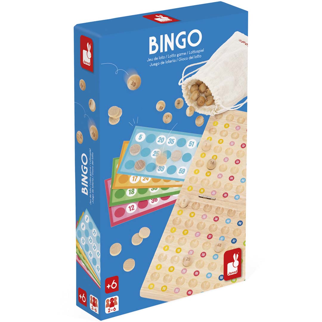Verpakking van het Janod Bingo spel met houten en kartonnen speelstukken.