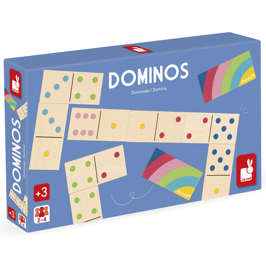 Janod domino spelverpakking met houten dominostenen en regenboogkaarten afgebeeld.