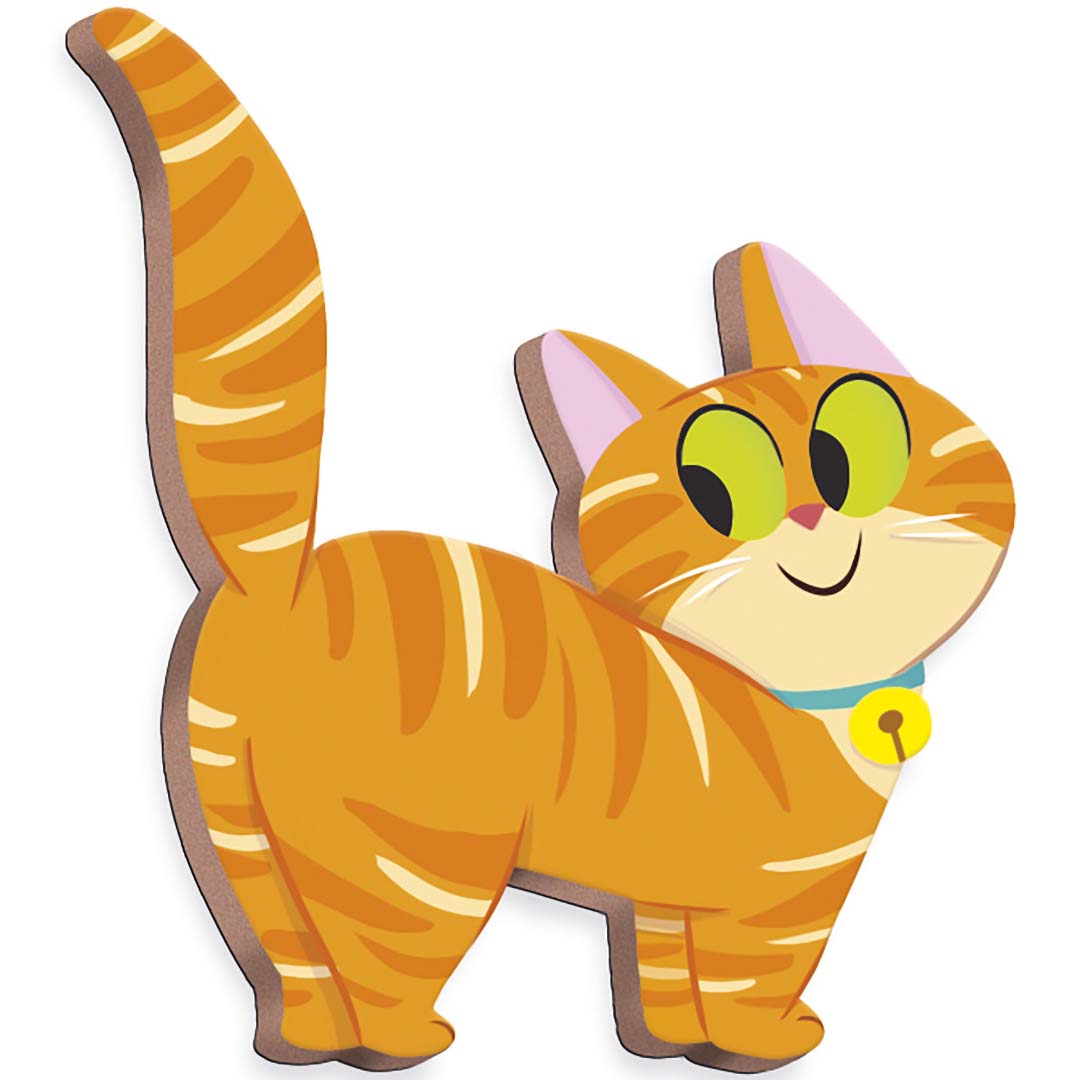 Een detail van een oranje gestreepte kattenmagneet met een blauwe halsband en belletje.