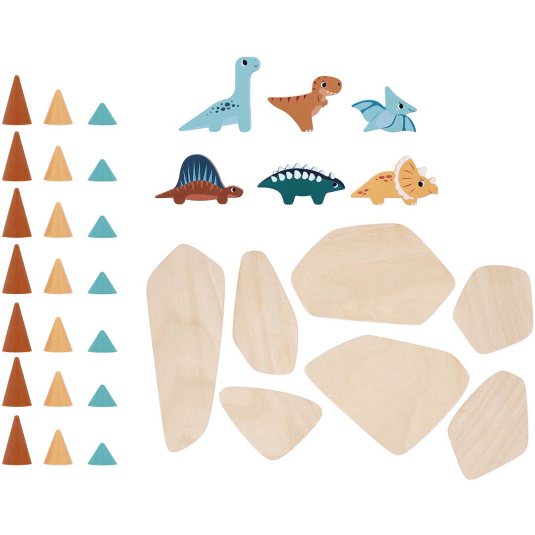 Alle losse onderdelen van het Janod dino stapelspel, inclusief houten platforms, gekleurde siliconen kegels en houten dinosaurusfiguren, plat op een witte achtergrond.