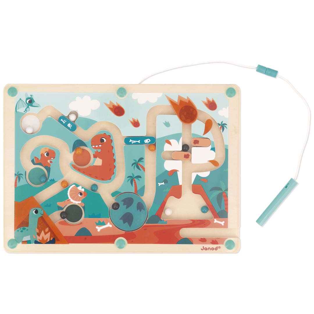 Janod magnetisch doolhof met dinosaurus thema, inclusief de magnetische pen.