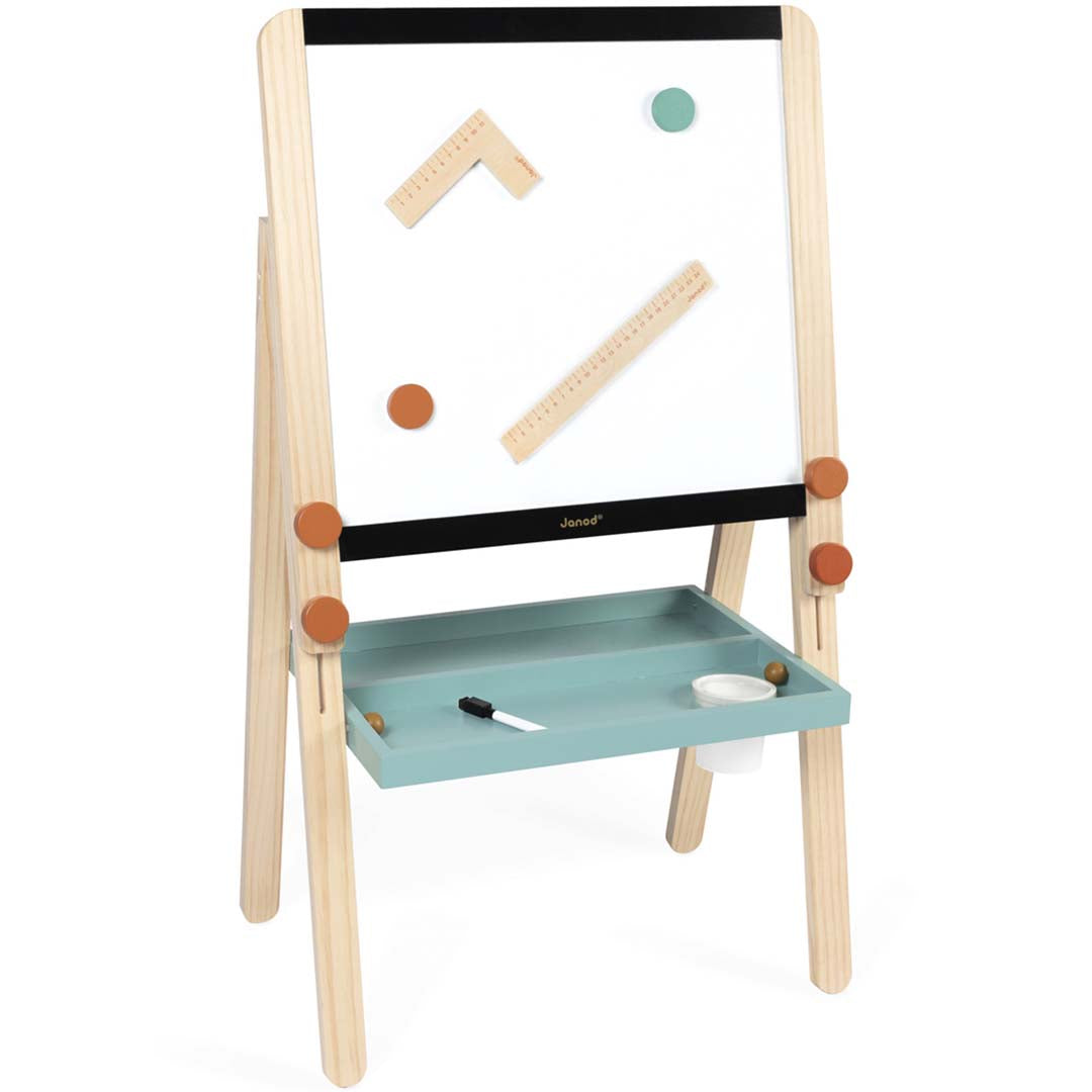 Janod dubbelzijdig schoolbord met witte magneetbordzijde en mintgroene opbergbak.