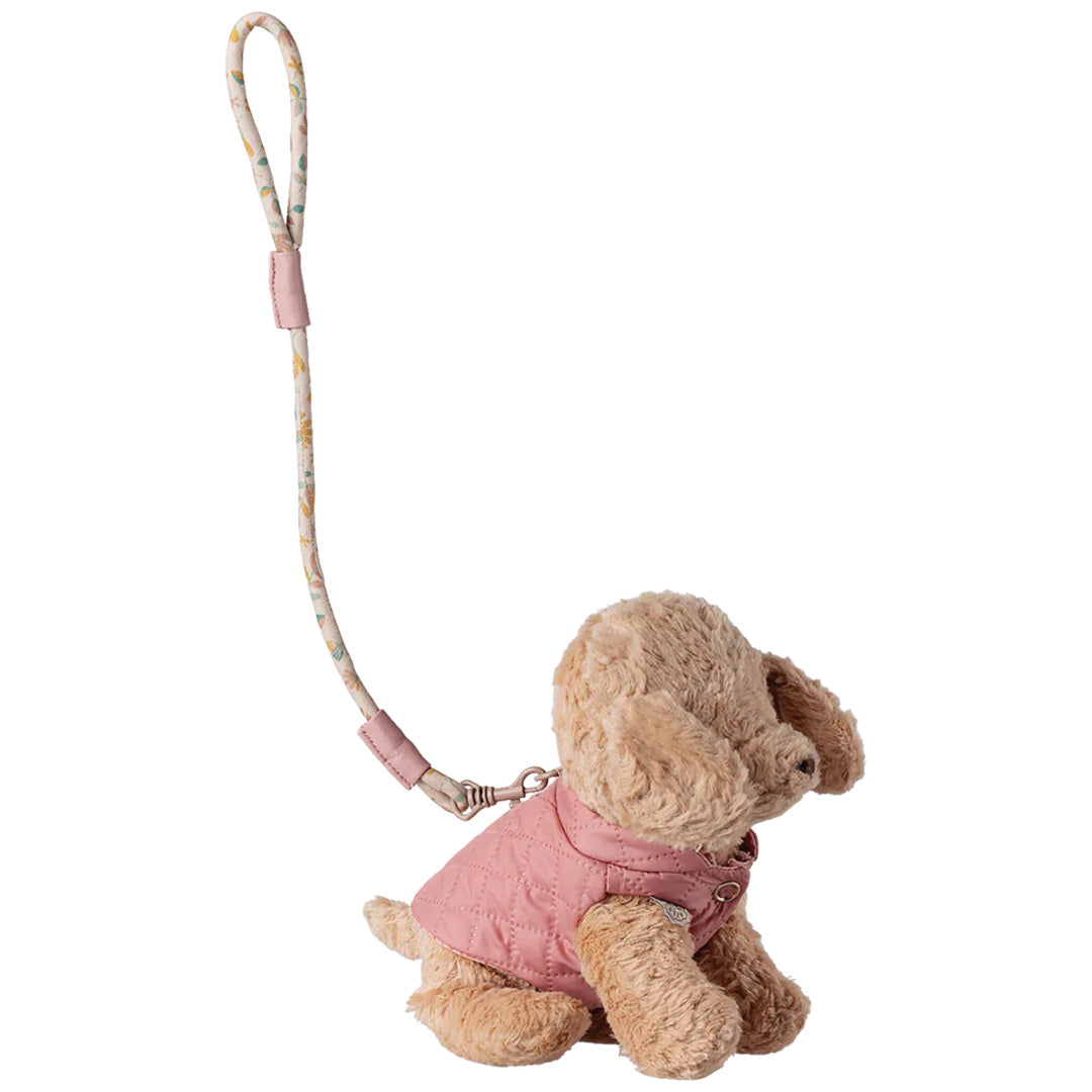 Maileg roze gewatteerd poppentuigje en gebloemde lijn om een zittende pluche hond.
