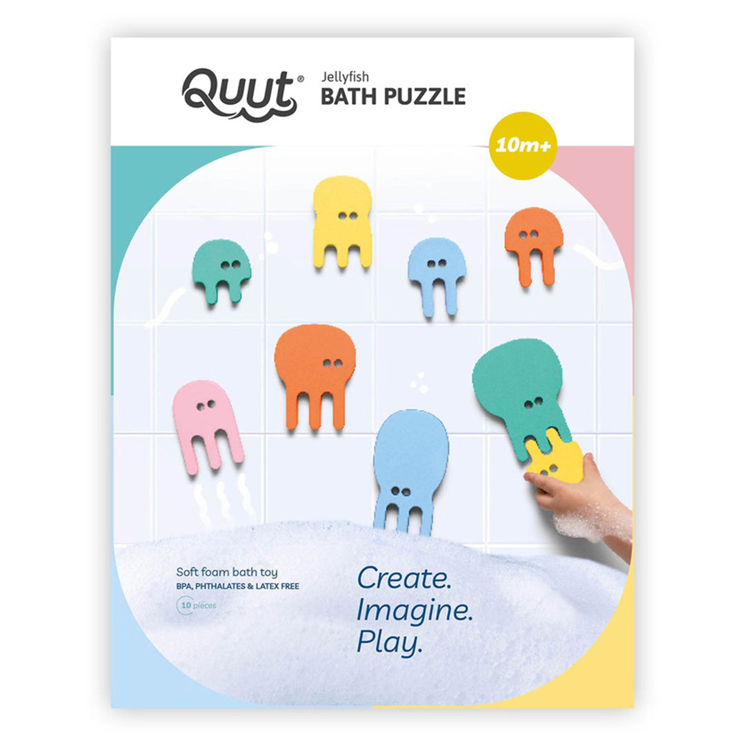 De verpakking van de Quut Jellyfish Bath Puzzle met een afbeelding van de kwallen badpuzzel in gebruik.