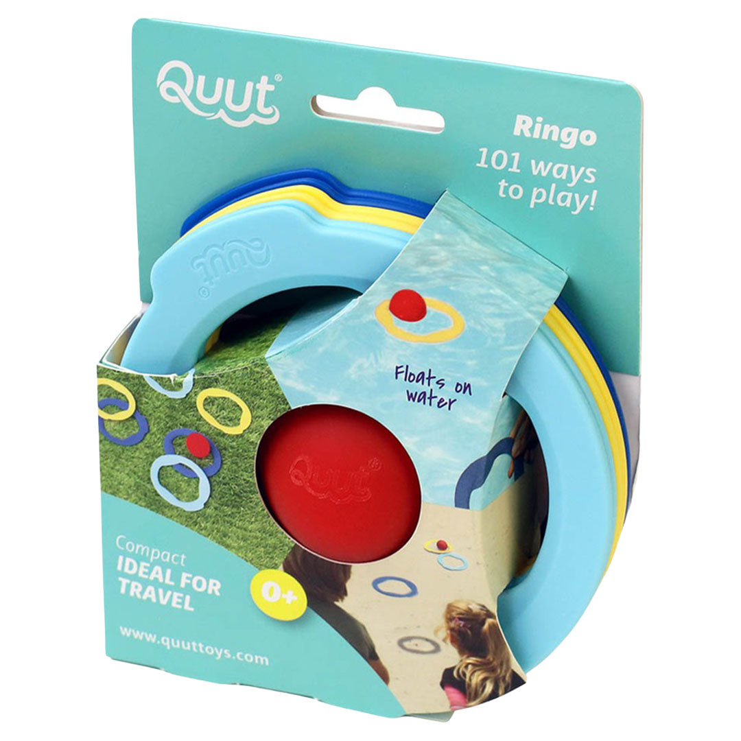 De verpakking van het Quut strandbalspel Ringo met de gekleurde ringen en bal zichtbaar.