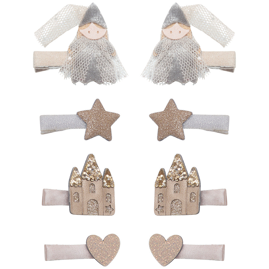 mimi & lula set van acht beige haarclipjes voor kinderen met figuren van prinsesjes, sterren, kastelen en harten.