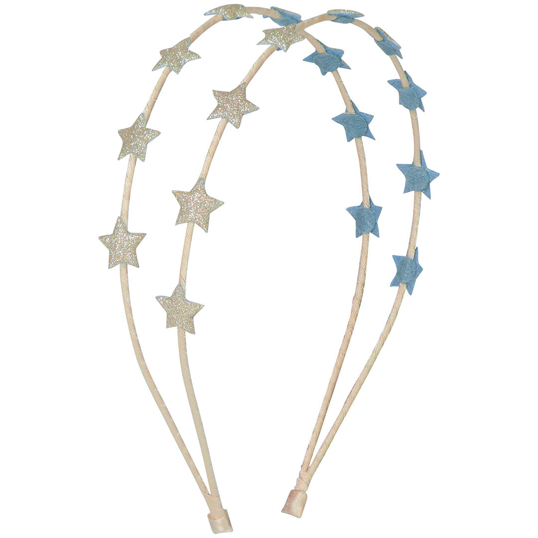 Mimi & Lula dubbele hoofdband voor kinderen met goudkleurige en blauwe glittersterren.