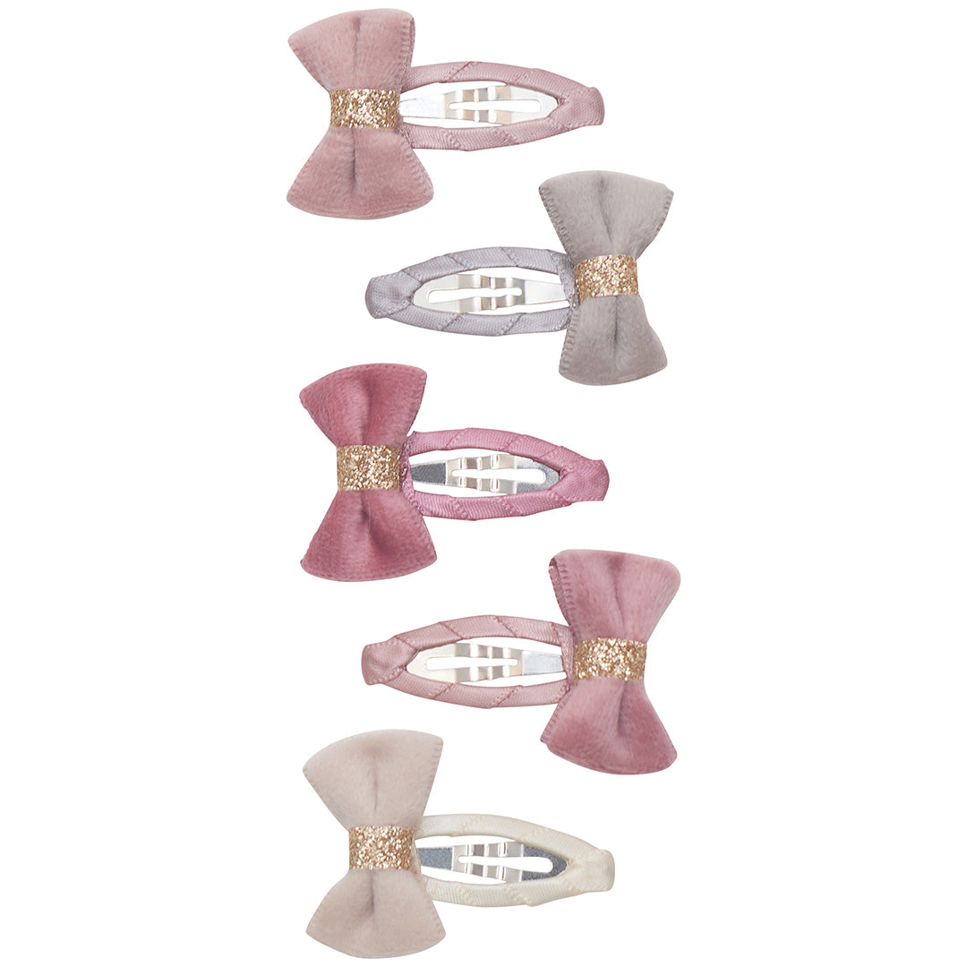 Mimi & Lula set van vijf fluwelen haarspeldjes voor kinderen in verschillende roze, grijze en beige tinten met glitter.