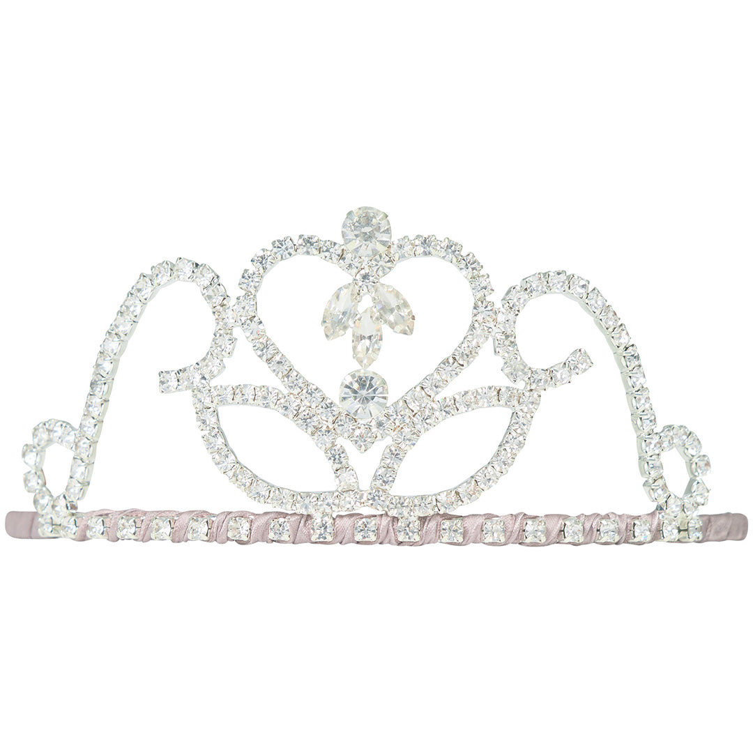 mimi & lula zilveren prinsessen tiara voor kinderen met hartvormig patroon en strass steentjes, vooraanzicht.