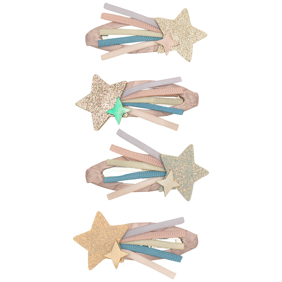 Vier mimi & lula haarspeldjes met glittersterren en veelkleurige linten.