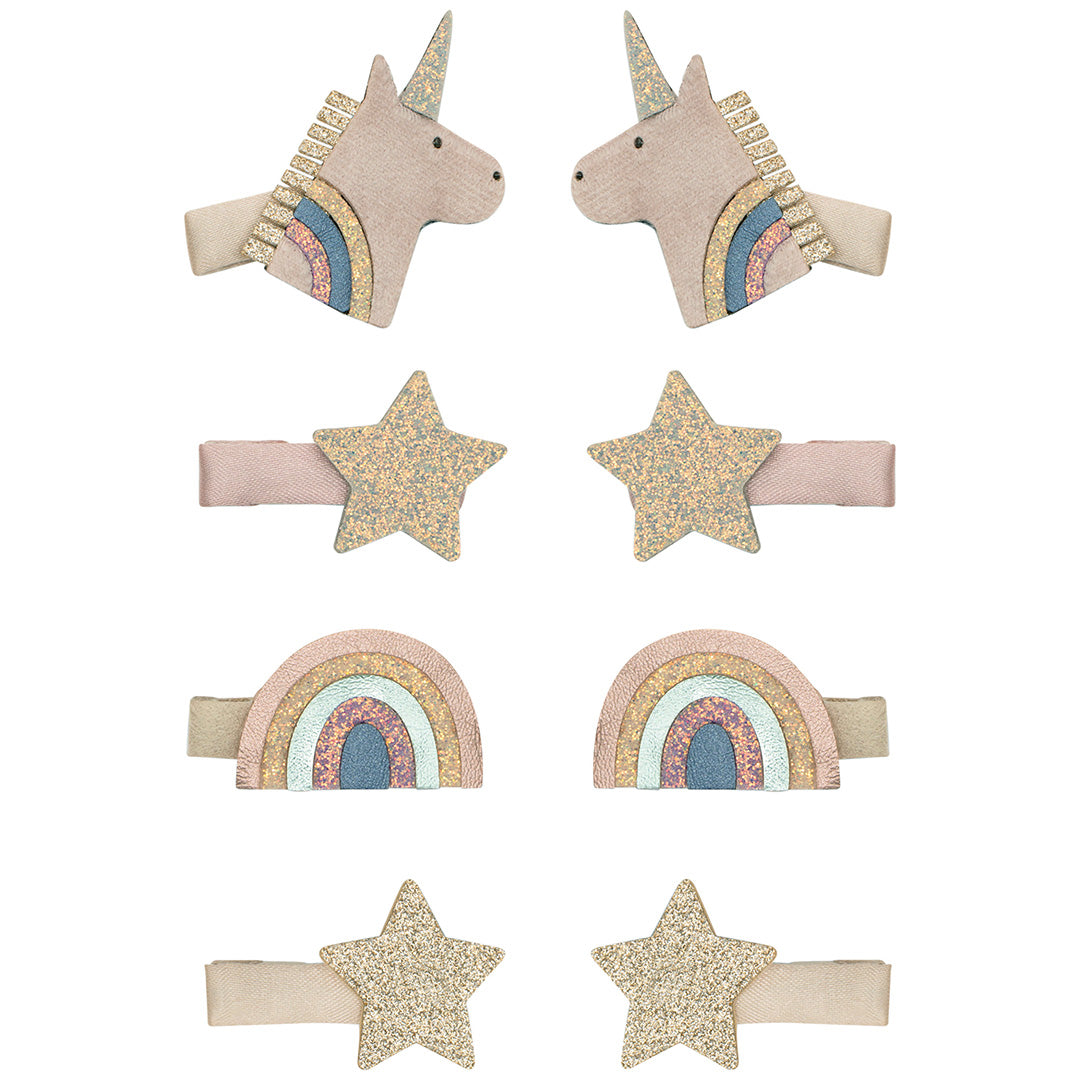 mimi & lula haarclipjes: een set van 8 haarclipjes met eenhoorns, regenbogen en sterren in roze en glitterkleuren.
