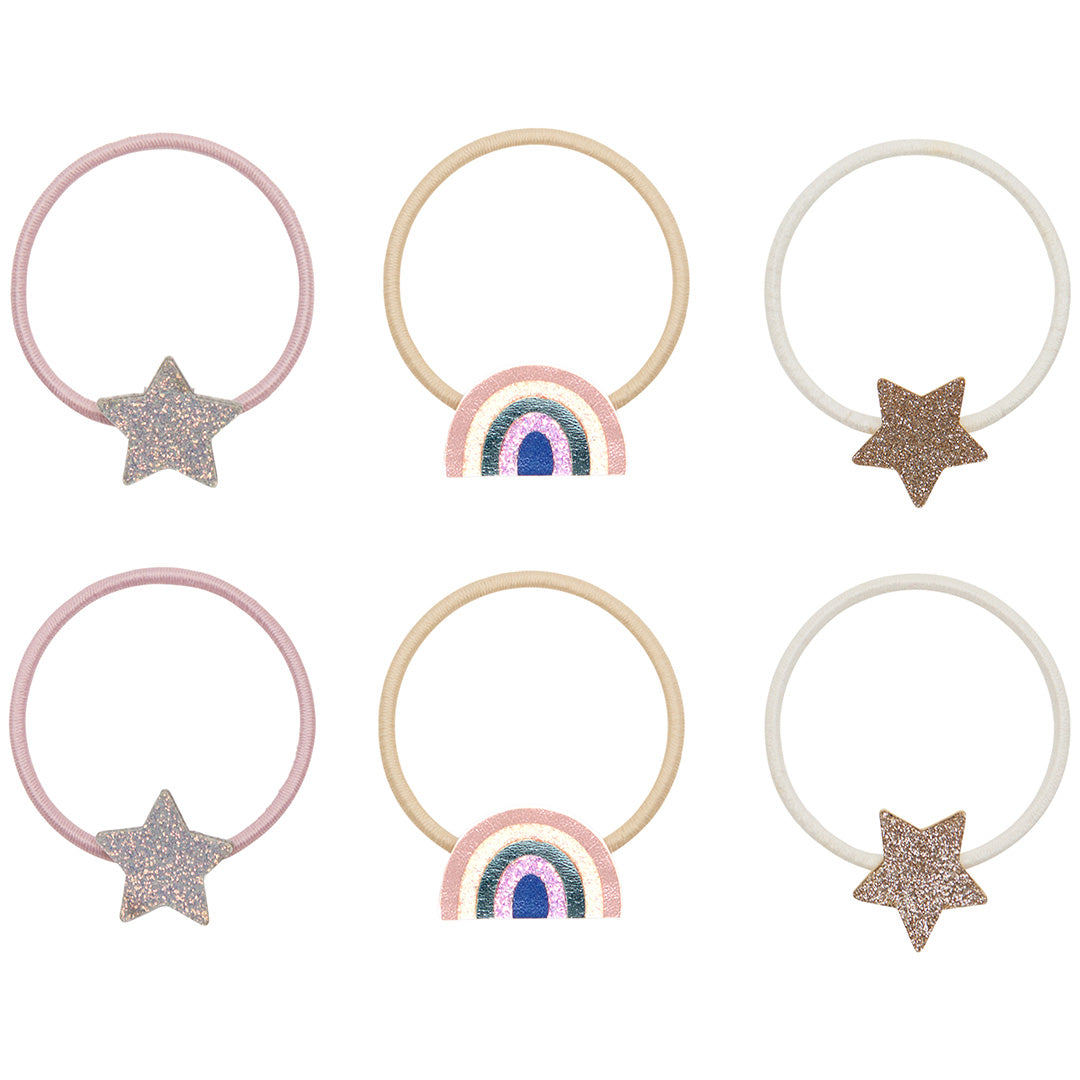 Zes mimi & lula haarelastiekjes voor kinderen, waarvan drie met een glitterster en drie met een regenboog.