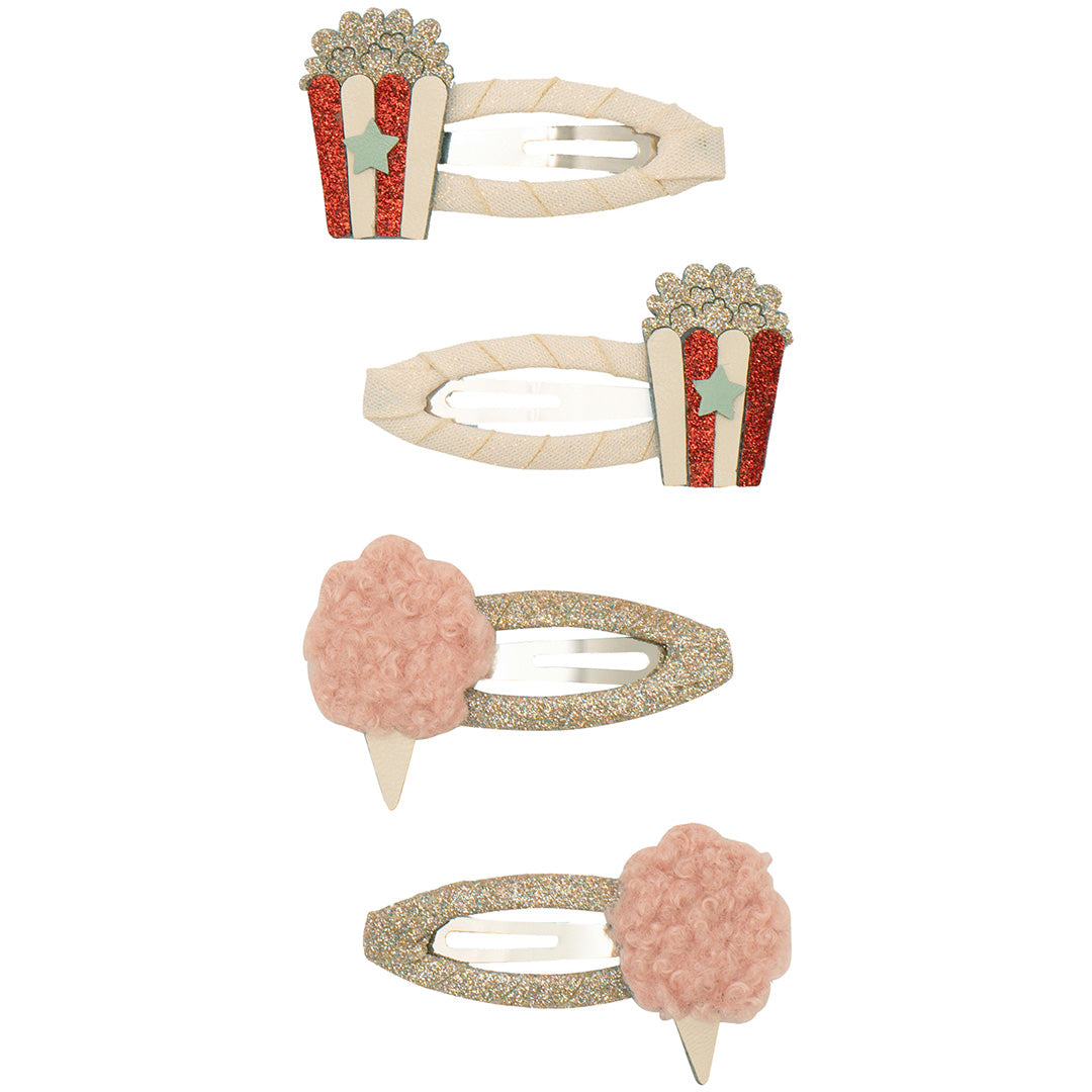 Mimi & Lula haarspeldjes: vier haarspeldjes, twee met popcorn en twee met roze suikerspin, met glitterdetails.