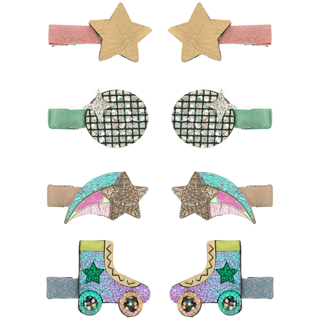 mimi & lula set van acht kinderhaarclipjes met sterren, discoballen, kometen en rolschaatsen.