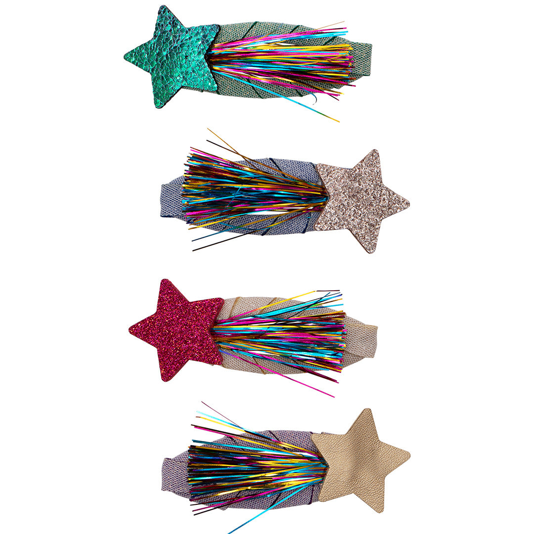 Vier mimi & lula haarspeldjes met sterren en veelkleurige tinsel.