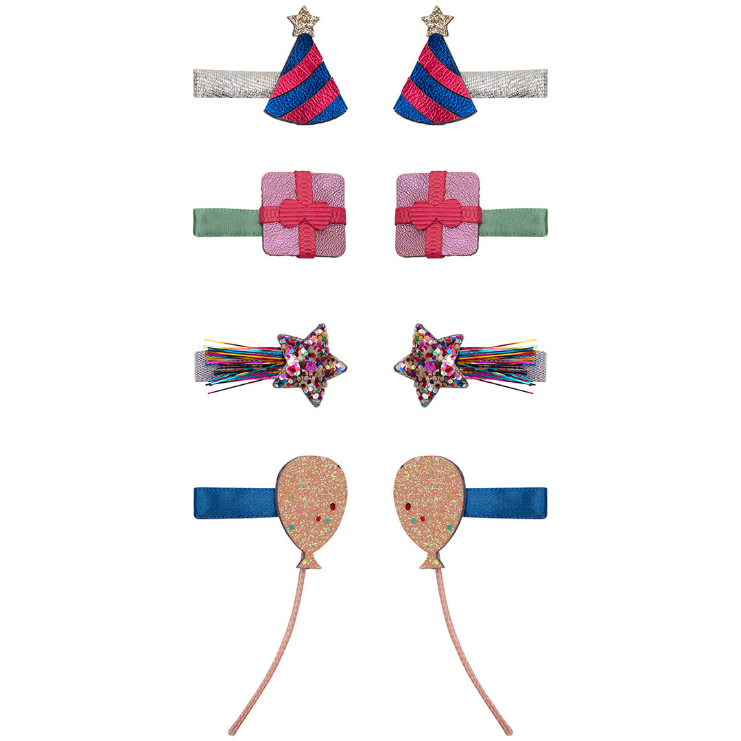 Mimi & Lula set van 8 haarclipjes met verjaardagsthema, waaronder feesthoedjes, cadeautjes, sterren en ballonnen.