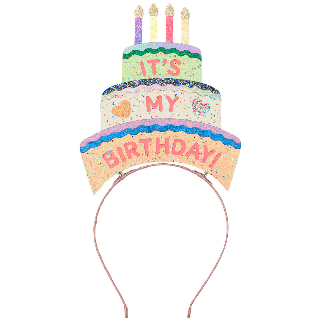 Mimi & Lula hoofdband in de vorm van een verjaardagstaart met de tekst "It's My Birthday!".