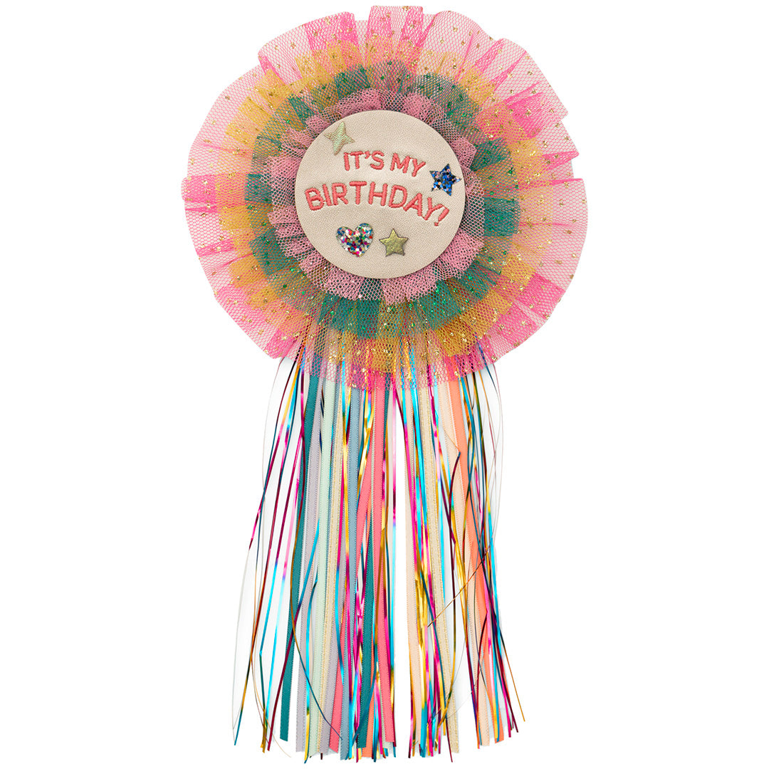 mimi & lula veelkleurige verjaardagsbadge met de tekst 'IT'S MY BIRTHDAY!', sterren, harten en linten.