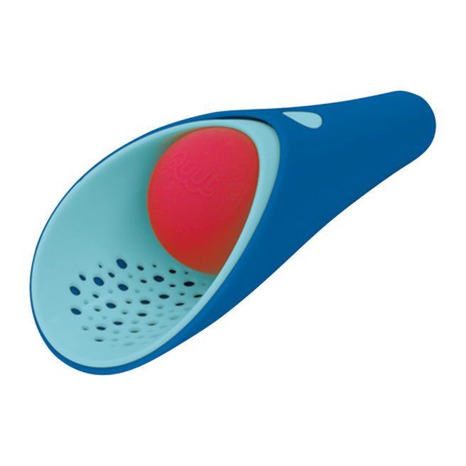quut schep met zeef en bal cuppi 3-in-1 in blauw en lichtblauw met een rode bal.