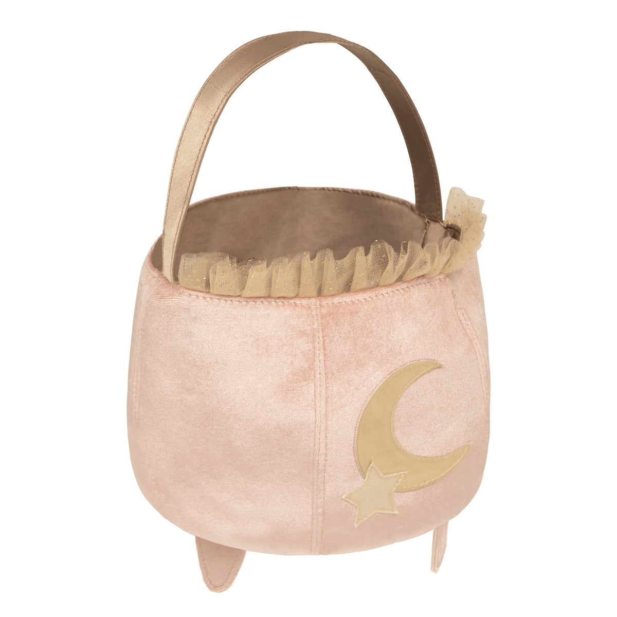 Mimi & Lula roze fluwelen kindertas in de vorm van een ketel, versierd met een maan, ster en gouden ruches.