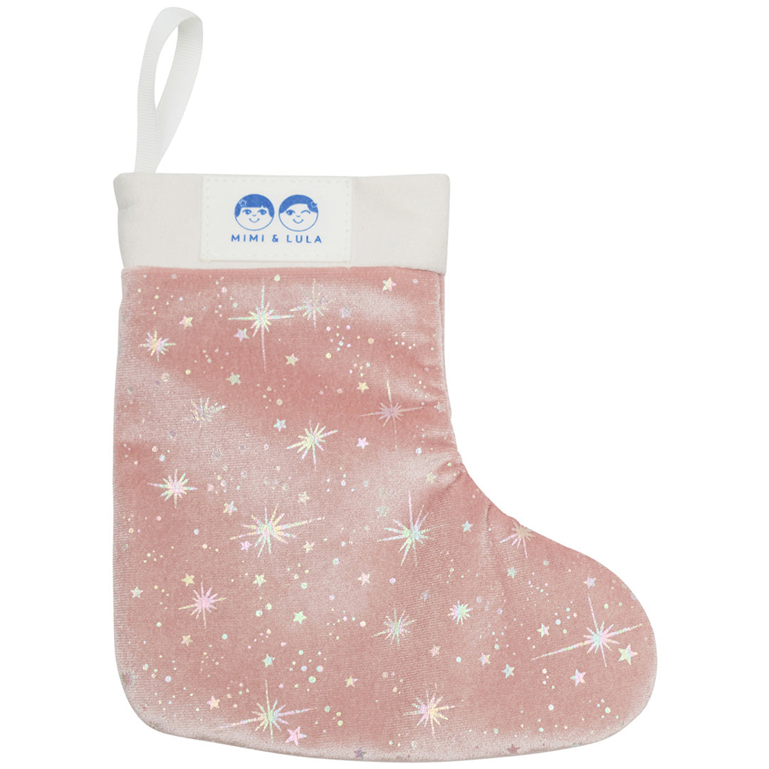 Mimi & Lula roze fluwelen kerstsok met glinsterende sterren en wit boord.