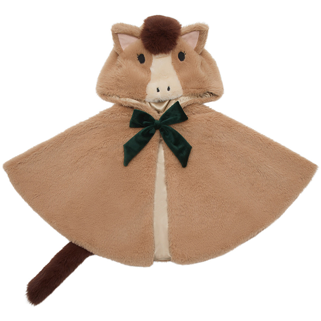 Mimi & Lula bruine pluche paarden verkleedcape met capuchon, strik en staart.