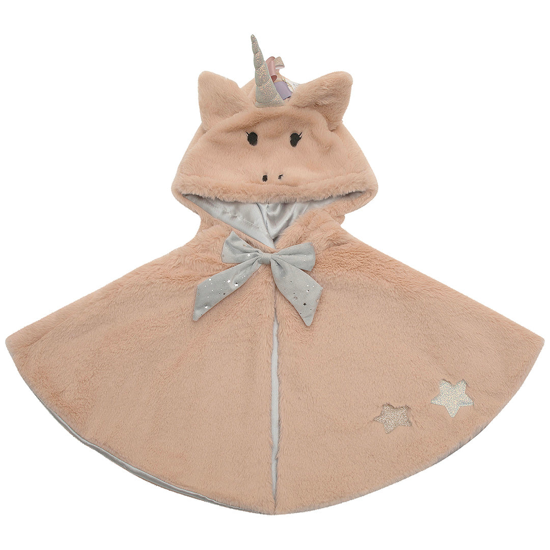 Mimi & Lula beige eenhoorn verkleedcape met zilveren strik en sterren, plat gefotografeerd.