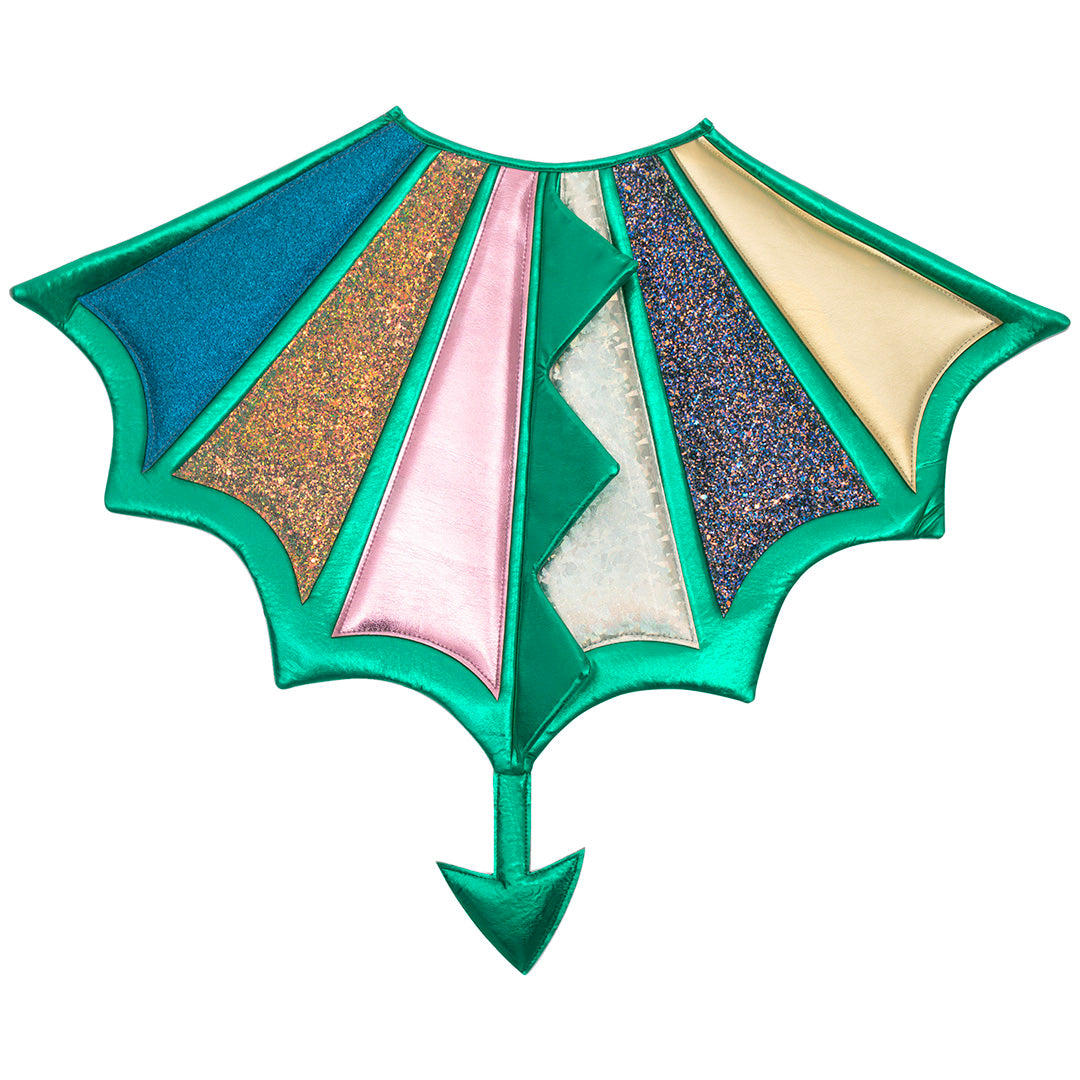 Mimi & Lula groene dino vleugels met kleurrijke glitterpanelen en een staartje.