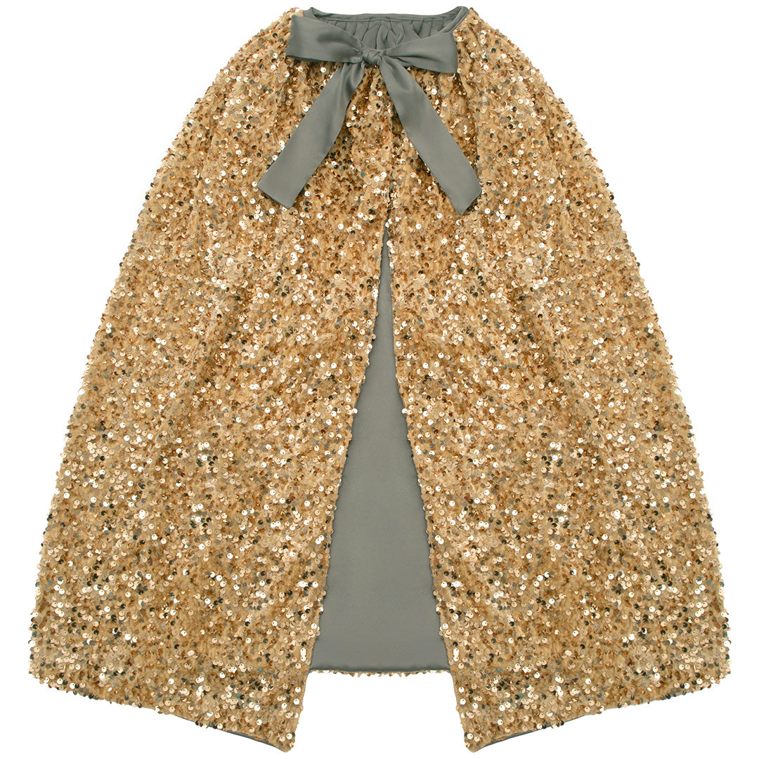Mimi & Lula gouden pailletten verkleedcape met grijze strik, plat gefotografeerd.