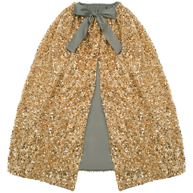 Mimi & Lula gouden pailletten verkleedcape met grijze strik, plat gefotografeerd.