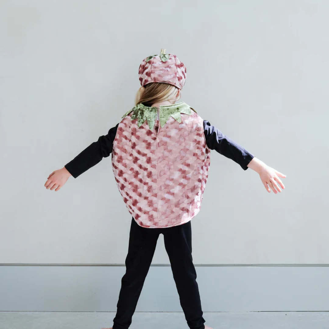 De achterkant van het roze pompoen kostuum gedragen door een kind met uitgestrekte armen.