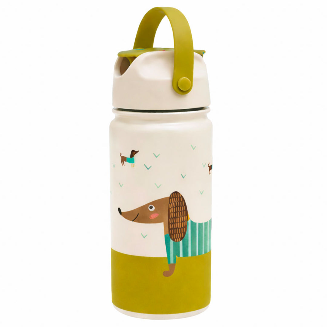 The Cotton Cloud roestvrijstalen drinkfles met een illustratie van een teckel en een groene dop en handvat.