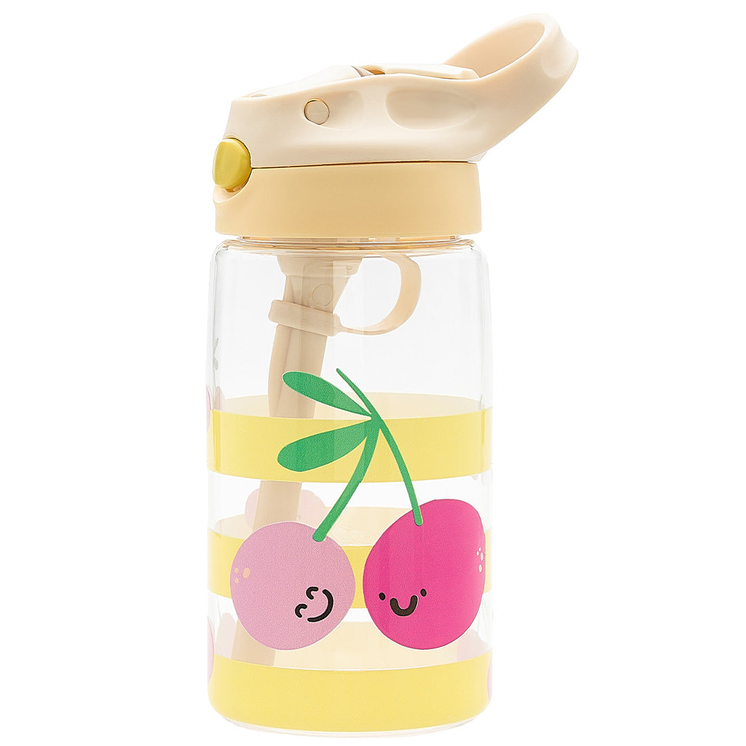 Een the cotton cloud kinderdrinkfles met gele strepen en roze kersenfiguren.