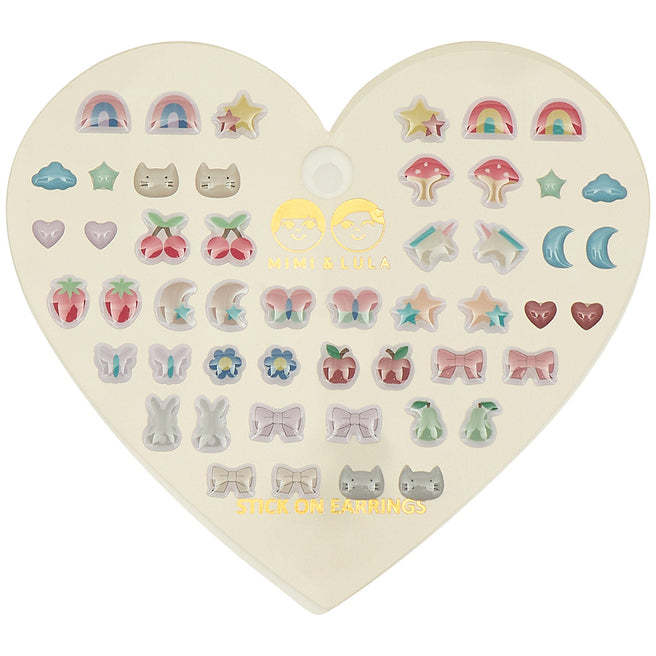 Mimi & Lula hartvormige kaart met diverse plakoorbellen voor kinderen, waaronder regenbogen, sterren en dieren.