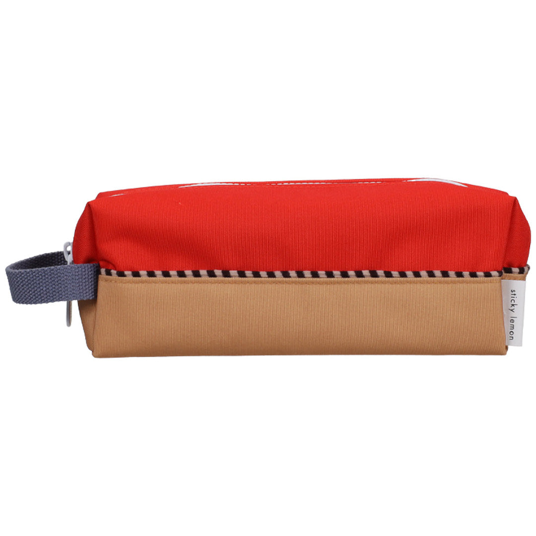 Sticky lemon colourblocking pennenetui in rood en beige met gestreepte band en grijs hengsel.