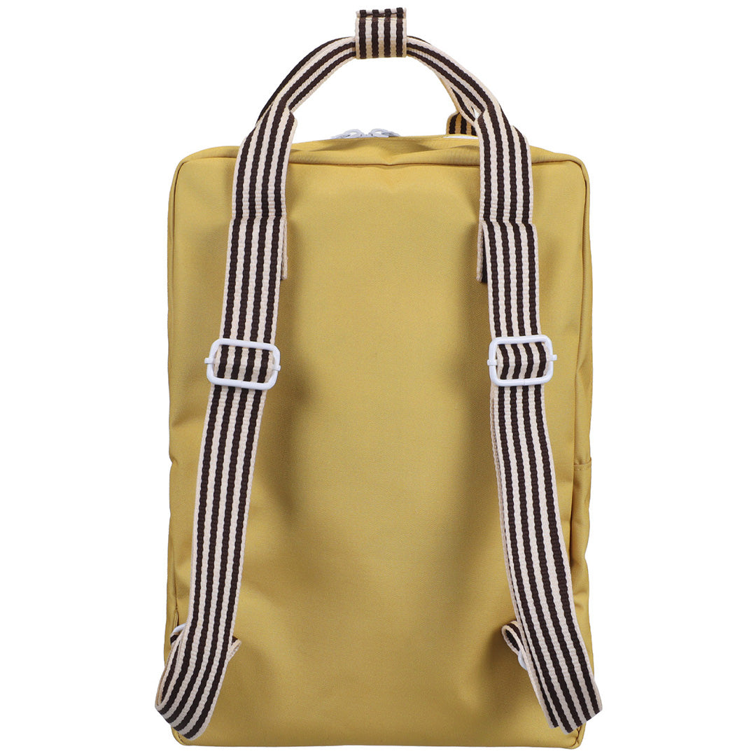 Achteraanzicht van de Sticky Lemon schoolrugzak in reed green met gestreepte schouderbanden.