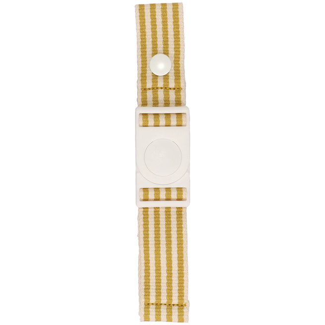 Sticky Lemon borstriem voor rugzak met geel-witte strepen en gesloten witte gesp.