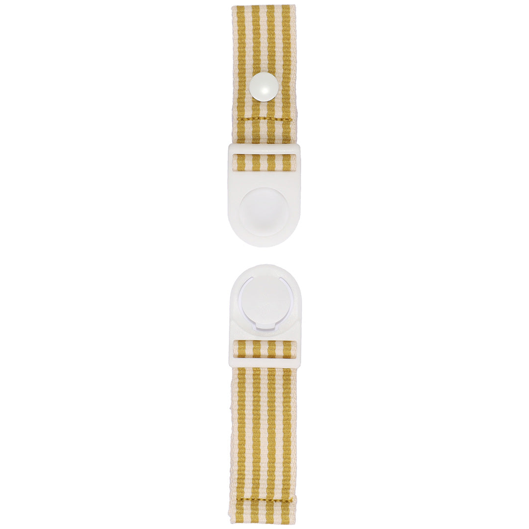 Sticky Lemon borstriem voor rugzak met geel-witte strepen en open witte gesp.