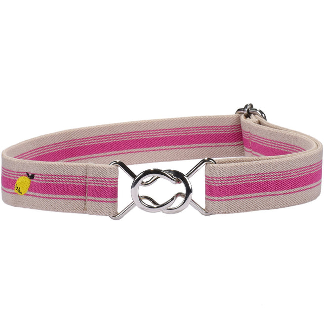Sticky Lemon kinderriem met roze strepen, zilveren gesp en citroenlogo.